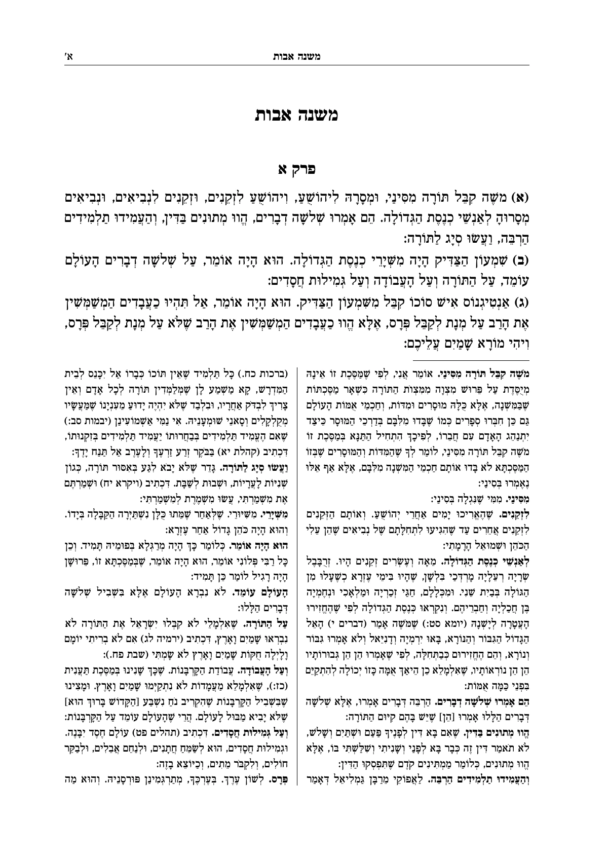 העמוד הראשון של משנה אבות: עם הערות